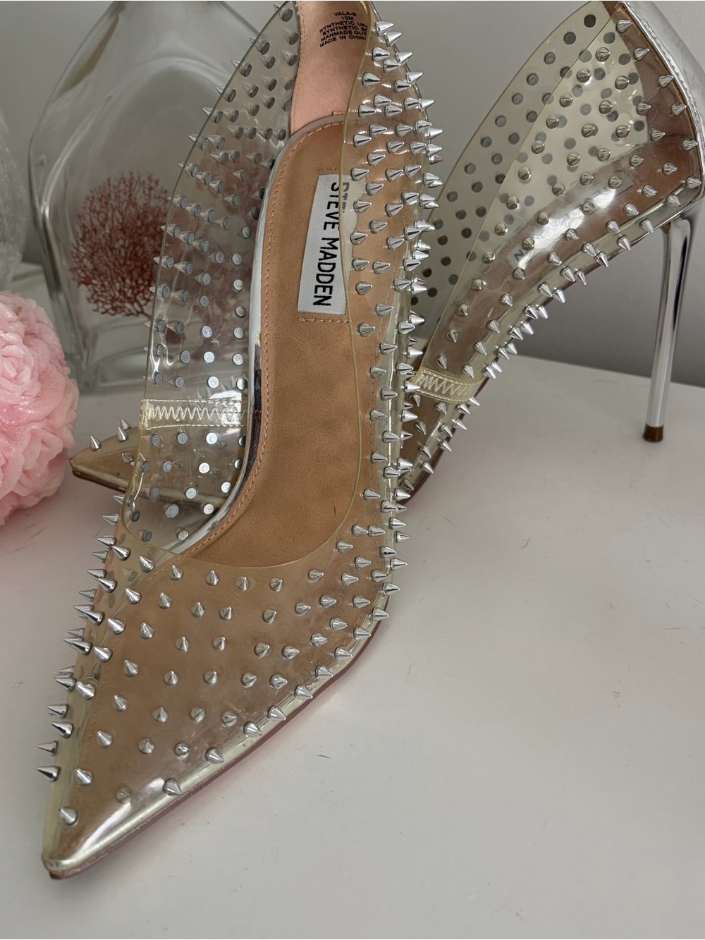 Steve Madden Clear Pointed Spike Pumps with Silver Spikes